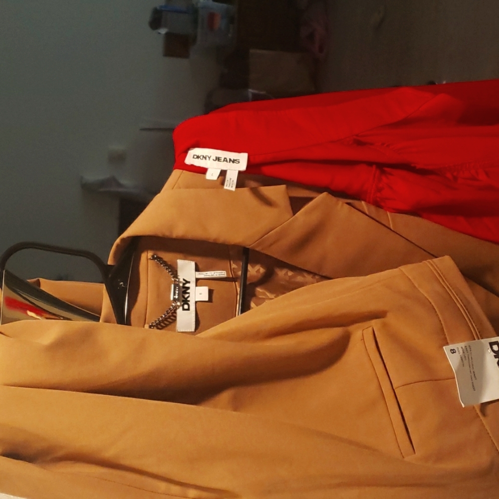 DkNY pant set and red blouse.